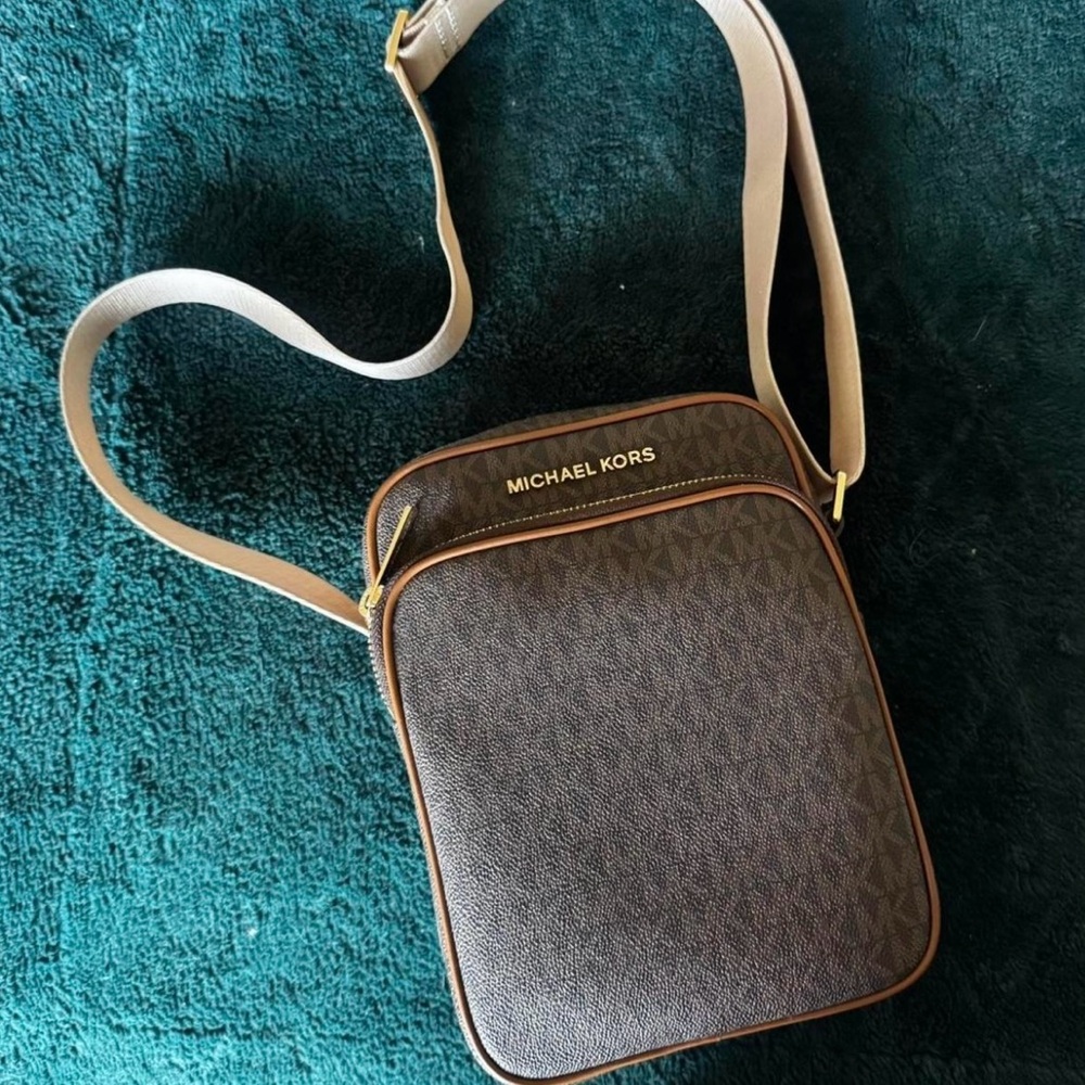 Michael Kors Brown and Tan Messenger Bag with Monogram Print